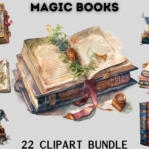 Watercolour Magic Books clipart bundle, mystical clipart, wizard books, wizard university library, magical books