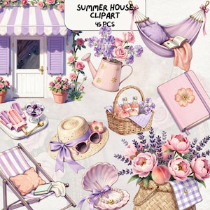 Puede incluir: Ilustración en acuarela de imágenes prediseñadas de casa de verano con varios elementos. Incluye un toldo a rayas, una hamaca, flores, un sombrero para el sol con gafas de sol, una cesta con botellas y melocotones, una concha con perlas y un diario. El texto dice "Summer House Clipart 45 PCS".