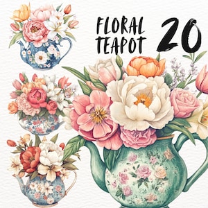 May include: Three floral teapots with different floral arrangements. The teapots are decorated with floral patterns. The teapots are on a white background. The text "Floral Teapot 20" is in the top right corner of the image.