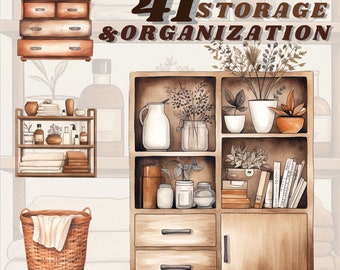 Paquete de imágenes prediseñadas de organización y almacenamiento de acuarela, cestas, cajas y gabinetes png, cestas cottagecore, almacenamiento de baño, scrapbooking