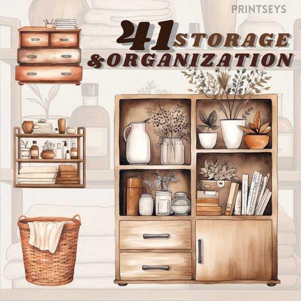 Watercolour storage and organization clipart bundle, baskets,boxes and cabinets png, cottagecore baskets, bathroom storage, scrapbooking