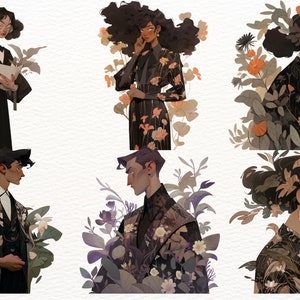 May include: Digital illustration featuring six figures, each surrounded by botanical elements. The figures are depicted in various outfits, including floral-patterned jackets and dresses, in a palette of black, orange, and green. The artwork has a stylized, artistic aesthetic.