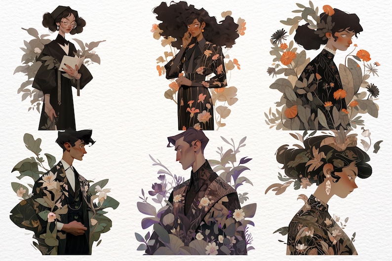 May include: Digital illustration featuring six figures, each surrounded by botanical elements. The figures are depicted in various outfits, including floral-patterned jackets and dresses, in a palette of black, orange, and green. The artwork has a stylized, artistic aesthetic.