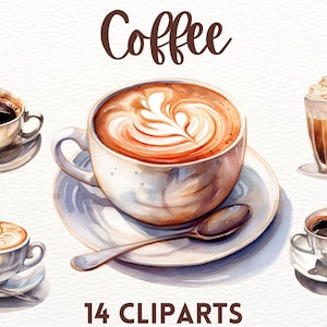 Paquet de cliparts de café aquarelle, clipart esspresso, clipart americanno, clipart cappuccino, pause café
