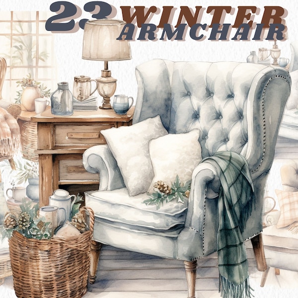Watercolour cozy Winter armchair clipart bundle, fall clipart, winter decor, candles, throws, cozy winter, cottagecore , transparent