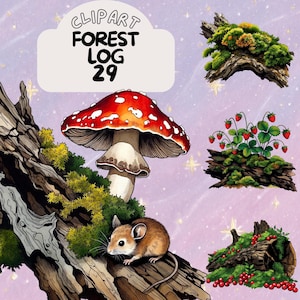 May include: A digital illustration featuring a red and white mushroom, a small brown mouse, and various moss-covered logs. The image includes the text "CLIPART FOREST LOG 29" in a cloud-shaped banner, set against a soft purple background with stars.