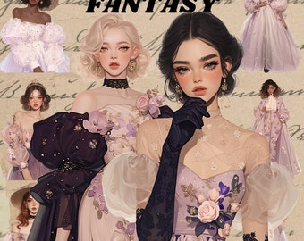 Romantic royal fantasy outfit clipart bundle, digital sticker, journaling, girly transparent , instant download, vintage regency fashion