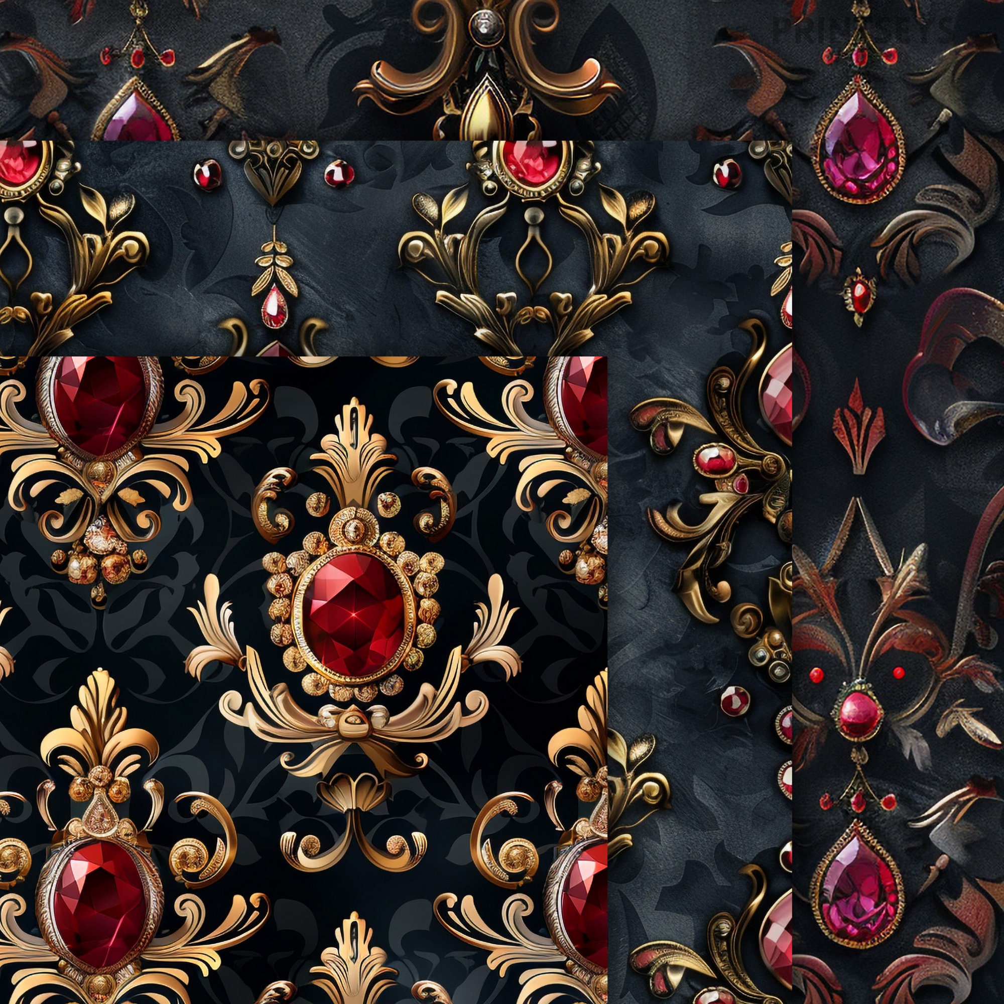 Baroque Gold Ruby Pattern Digital Paper,vintage Rococo Diamond Seamless ...