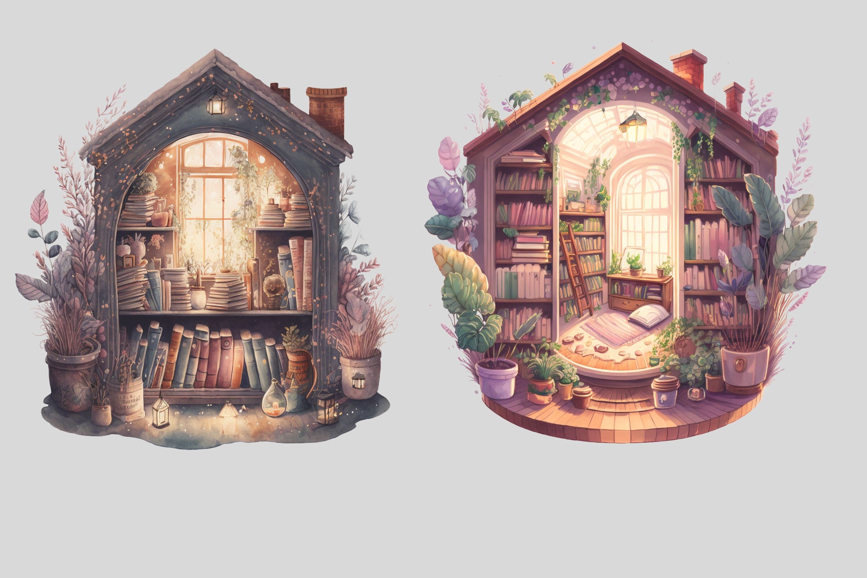 Watercolour Cozy Home Library Clipart Bundle, Bookshelf, Bookcase ...