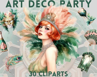 Watercolour art deco party clipart bundle, art nouveau clipart, retro clipart, gatsby clipart, vintage clipart, retro fashion