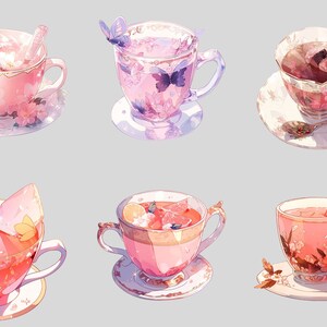 Op de afbeelding: Illustratie van zes theekopjes gevuld met verschillende roze en rode dranken, elk met unieke bloemen- en fruitgarnituren. De kopjes staan op schotels, sommige met lepels, en hebben delicate bloemmotieven en vlinderaccenten.