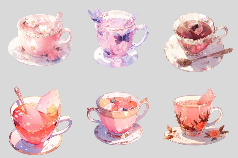 Op de afbeelding: Illustratie van zes theekopjes gevuld met verschillende roze en rode dranken, elk met unieke bloemen- en fruitgarnituren. De kopjes staan op schotels, sommige met lepels, en hebben delicate bloemmotieven en vlinderaccenten.