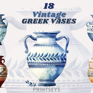 Lot de cliparts aquarelle vase grec vintage, décoration vintage, vases anient, décoration grecque, scrapbooking, png grec, clipart vase en argile