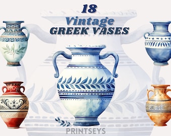 May include: A set of 18 vintage Greek vases in various colors and designs. The vases are painted in watercolor style and feature geometric patterns, floral motifs, and Greek key designs.