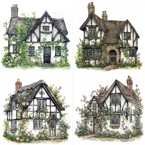 May include: Four watercolor illustrations of charming cottage homes with thatched roofs, white walls, and black timber framing. Each cottage is surrounded by lush greenery and blooming pink roses.