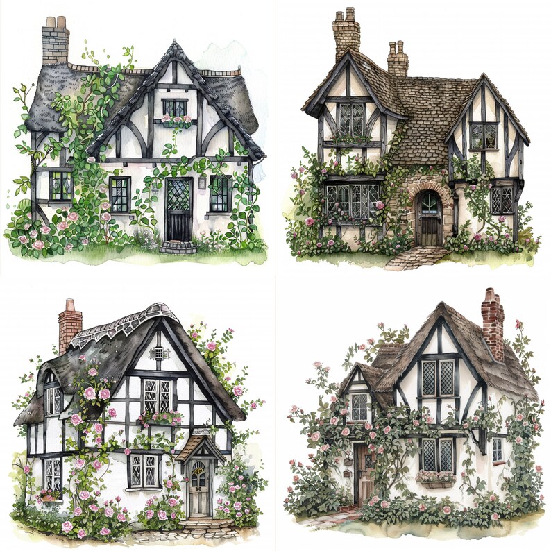 May include: Four watercolor illustrations of charming cottage homes with thatched roofs, white walls, and black timber framing. Each cottage is surrounded by lush greenery and blooming pink roses.