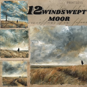 Aquarelwindswept heide digitale sticker, clipartbundel, romantische leeshoek, regentschap digitale sticker, serene landschapslezing, boeken,