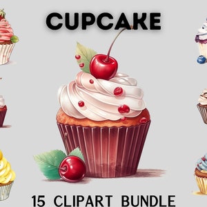 Paquete de imágenes prediseñadas de cupcakes de acuarela, imágenes prediseñadas de pastel, imágenes prediseñadas de dulces, scrapbooking, descarga instantánea, imágenes prediseñadas para hornear