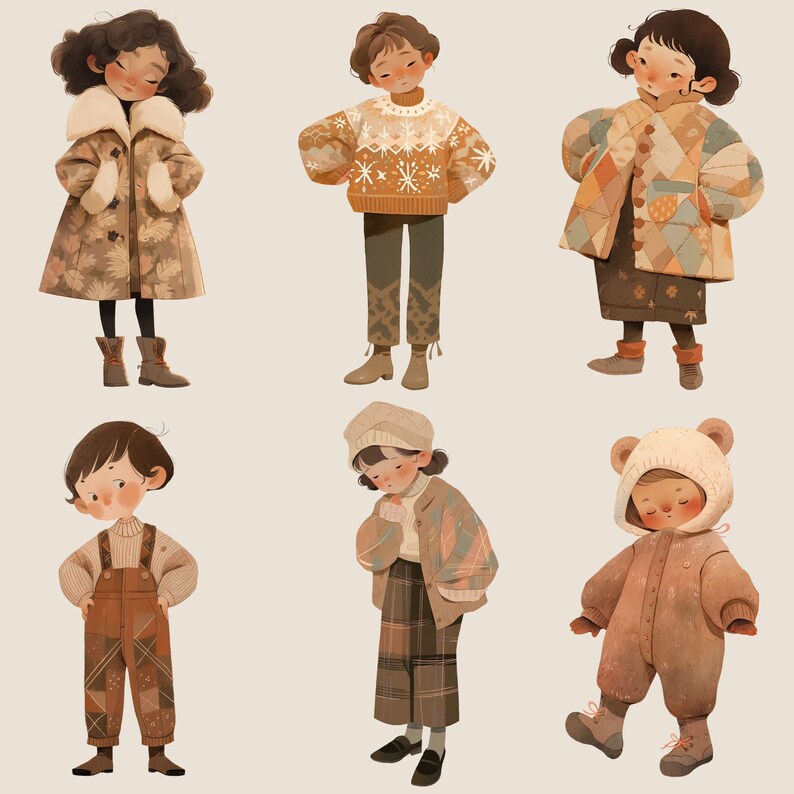 May include: Six illustrated children wearing winter clothing. The children are wearing a variety of styles, including a floral patterned coat, a sweater with a snowflake pattern, a plaid skirt, and a brown bear costume.