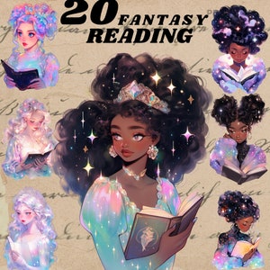 Adesivi digitali Fantasy Reading girl, clipart diario di primavera, png di lettura olografica, adesivo stravagante, trasparente, scrapbooking