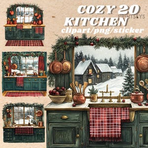 Watercolour cozy cottagecore kitchen window sticker set , clipart bundle, winter christmas reading nook, instant , digital sticker, reading