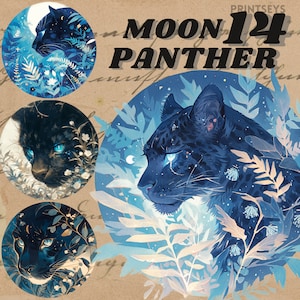 Moon Panther digital stickers, beautiful panther clipart, celestial png, adorable journaling, transparent  png, junk journaling