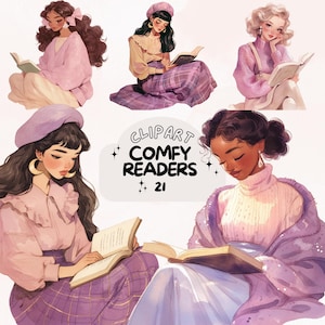 May include: Digital illustration of five women reading books. The women are depicted in various poses, wearing soft, pastel-colored clothing. The image includes the text "Clipart Comfy Readers 21". The overall aesthetic is soft and inviting.