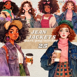Digitale Jeansjacke Mädchen Journaling Aufkleber, feminine, gemütliche Passform Clipart, Selbstliebe Scrapbooking Kit, mädchenhaft niedliches magisches Druckset, transparent
