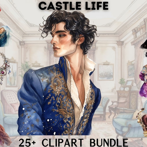 Aquarelle Victorian Castle life clipart bundle, clipart histoire, prince, princesse, courtisane, clipart de base de royauté, téléchargement instantané