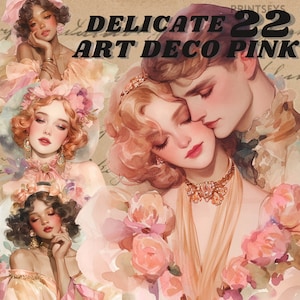 Art Deco Pink Gatsby Party Digitale sticker, gatsby beauty clipart, art deco png, vintage mode, journaling, vrouwelijke romantische download.