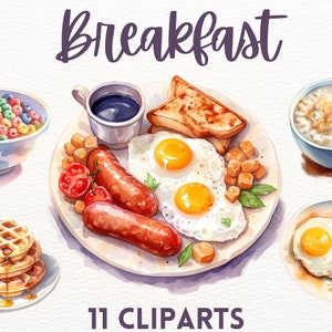 Pacchetto clipart colazione acquerello, clipart di farina d'avena, clipart di uova, clipart di waffle, clipart di pancake, colazione inglese