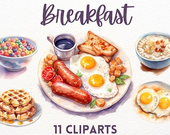 Watercolour breakfast clipart bundle, oatmeal clipart, egg clipart, waffle clipart , pancake clipart, english breakfast