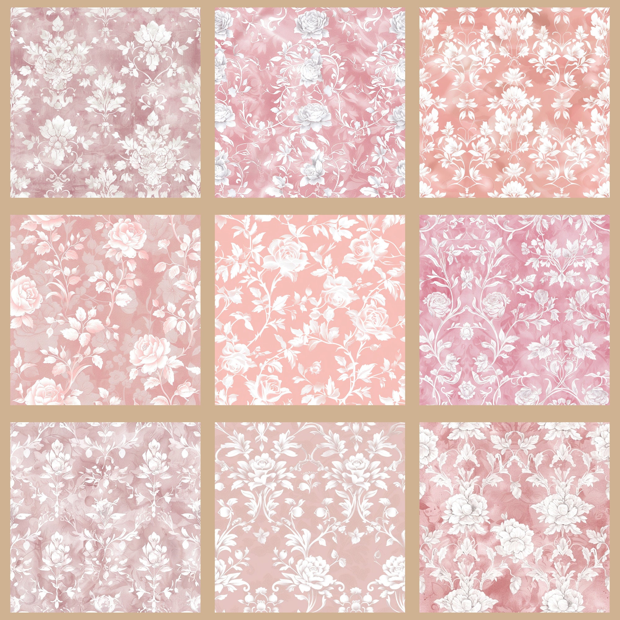 Soft Pink Floral Damask Digital Paper, Rustic Vintage Textured Paper ...