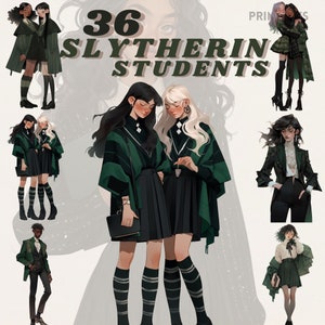 May include: Illustration of 36 Slytherin students, a group of young people wearing green and black Hogwarts school uniforms. The image features a variety of characters with different hairstyles and expressions.
