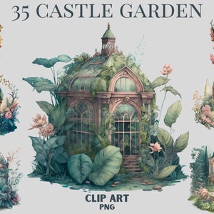 Clipart de jardim de castelo grego mágico, jardim de fantasia png, clipart de estufa, rosas vintage, castelo, pacote de clipart, estátuas gregas, fonte
