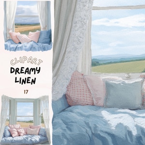 Puede incluir: Ilustraci&oacute;n en acuarela de un asiento de ventana con ropa de cama azul y almohadas rosas. Cortinas de encaje blanco enmarcan la ventana, ofreciendo una vista de un campo y el cielo. El texto "CLIPART DREAMY LINEN 17" es visible.