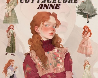 Cottagecore Anne clipart bundle, digital sticker, green gables png, scrapbooking, vintage fashion, transparent background, frilly dresses
