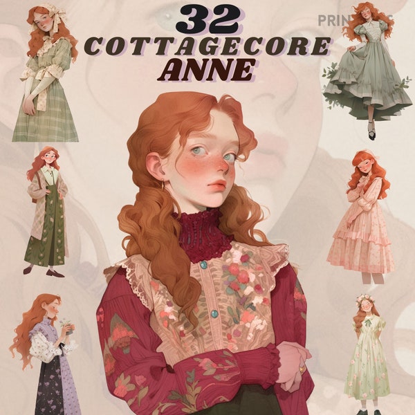 Cottagecore Anne clipart bundle, digital sticker, green gables png, scrapbooking, vintage fashion, transparent background, frilly dresses