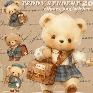 Lindo Teddy va a la pegatina digital de la escuela, paquete de imágenes prediseñadas vintage, transparente, descarga instantánea, png vintage de regreso a la escuela, imágenes prediseñadas para niños