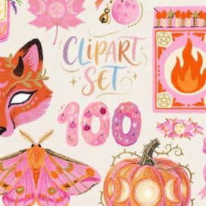 May include: A digital illustration set featuring a fox face with a crescent moon, a matchbox with a flame, a moth, a pumpkin with moon phases, and the text "CLIPART SET 100" in a pastel color palette of pink, orange, and cream with various motifs.