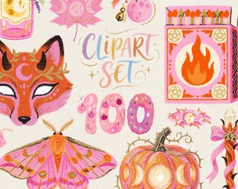 Pastel Witchy Fall Clipart Bundle, Pink Orange Wicca PNG, Cute Occult Witchcore, Halloween Autumn Magic, GoodNotes Digital Stickers