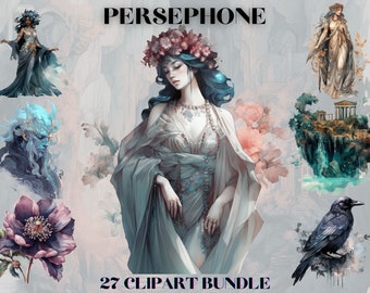 Watercolour Ancient Greek Goddess Persephone Clipart Bundle, Mythology clipart, Goddess clipart, ancient magic, occult, fantasy clipart