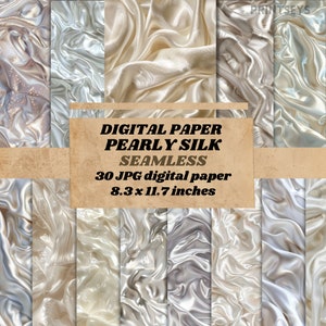 Pode incluir: Pacote de papel digital com 30 padrões sem costura de tecido de seda branco perolado. Cada padrão mede 8,3 x 11,7 polegadas.