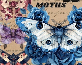 Watercolour Whimsical Royal Moth clipart bundle, Wiccan png, moth png, mystical clipart, witchcraft png clipart, pagan, digital sticker