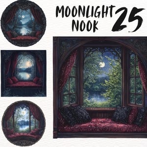 Puede incluir: Una pintura de un rincón de ventana iluminado por la luna con vista a un lago y árboles. La ventana es arqueada y tiene cortinas rojas. El rincón tiene un cojín rojo y dos almohadas negras. El texto "MOONLIGHT NOOK 25" está escrito en negro sobre un fondo blanco.