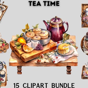 Akvarell clipartpaket med tetid, frukostbricka, clipart med snacks och kakor, scrapbooking, clipart med mat