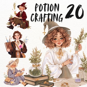 May include: A digital illustration of a witch crafting potions. The witch is wearing a white blouse, a brown skirt, and a green witch hat. She is holding a small bottle and a bunch of herbs. The illustration is surrounded by books, herbs, and other potion-making supplies. The text "POTION CRAFTING 20" is written in black at the top of the image.