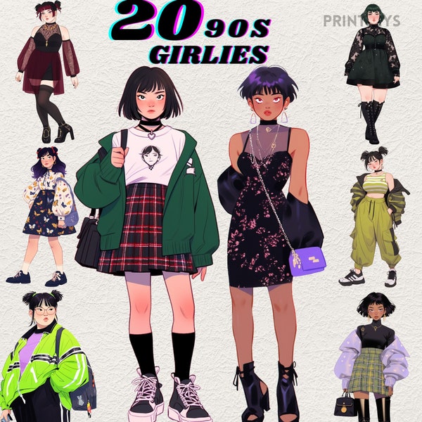 Neon 90s girl outfit digital sticker, clipart bundle, digital sticker,retro fashion, colourful, plus size, instant download, vintage fashion