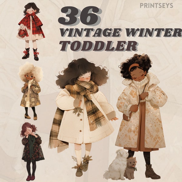 Vintage Cottagecore winter kids digital stickers, planner clipart bundle, retro fashion, Christmas downloads, cozy winter,scrapbooking png