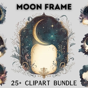 Aquarell Celestial Vintage Moon Frame Clipart Bundle, goldene und schwarze Sterne, Bildrand Clipart, dunkle Ästhetik, Vintage Label